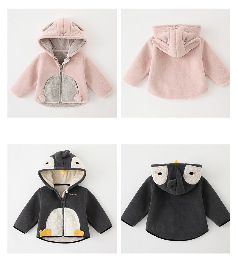 搖粒絨連帽外套-小企鵝-灰色