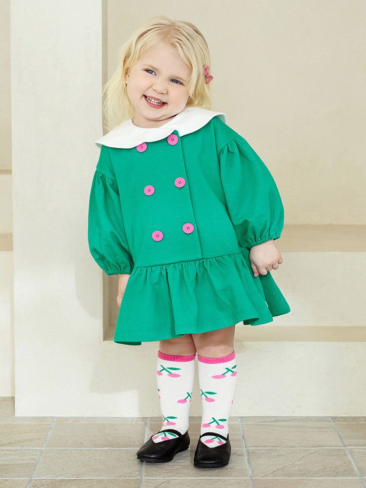 韓國 Pimpollo - 雲朵翻領鈕扣波浪洋裝-綠