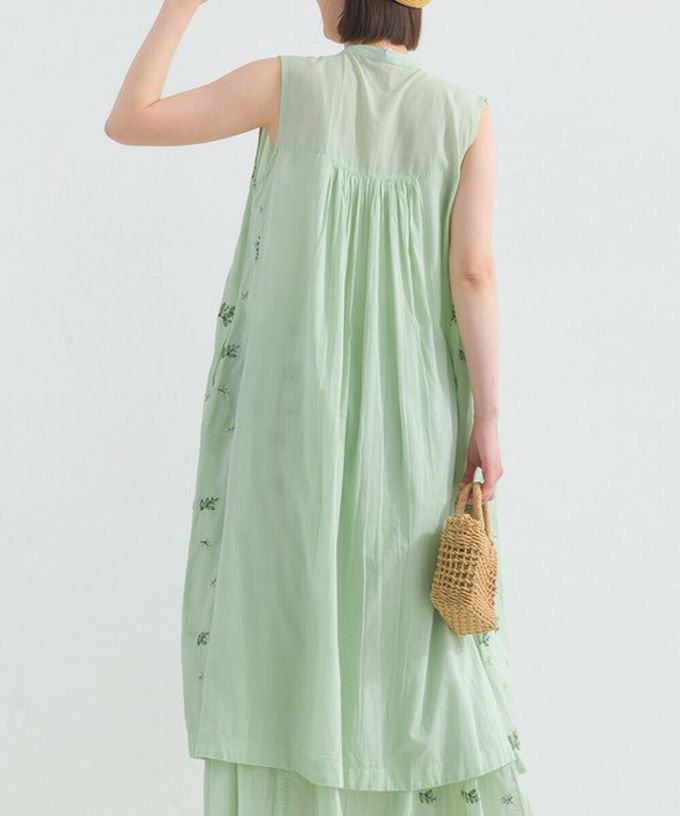 日本 Lupilien - 100%印度棉 優美植物側邊刺繡無袖洋裝-薄荷
