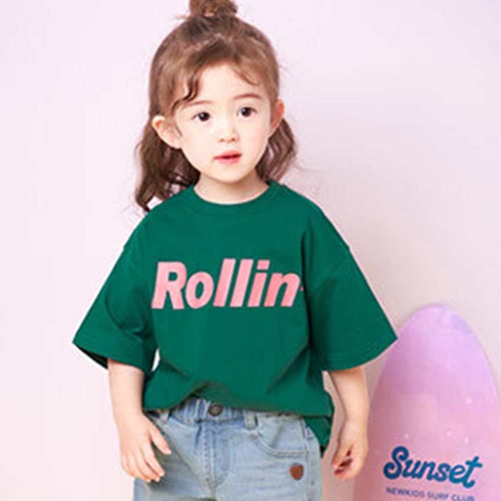 韓國 Jelispoon - Rollin印短袖上衣-墨綠