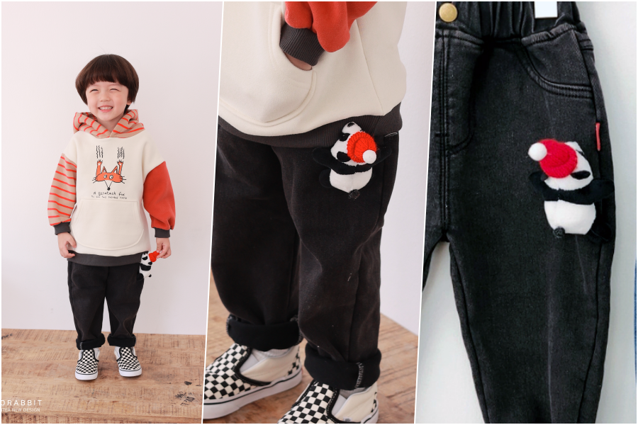 韓國 Coco rabbit - 鬆緊腰彈性牛仔長褲(附玩偶)-熊貓-黑