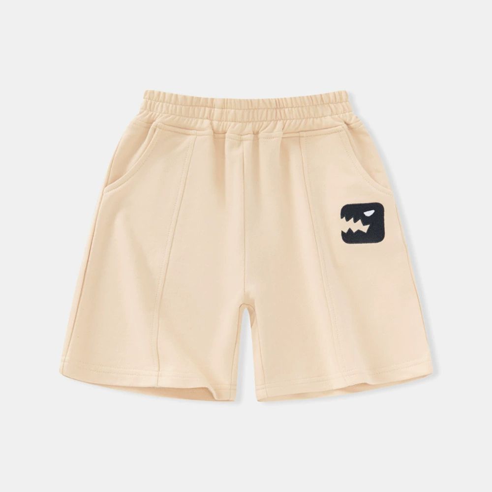 純棉休閒短褲-怪獸大嘴-米杏