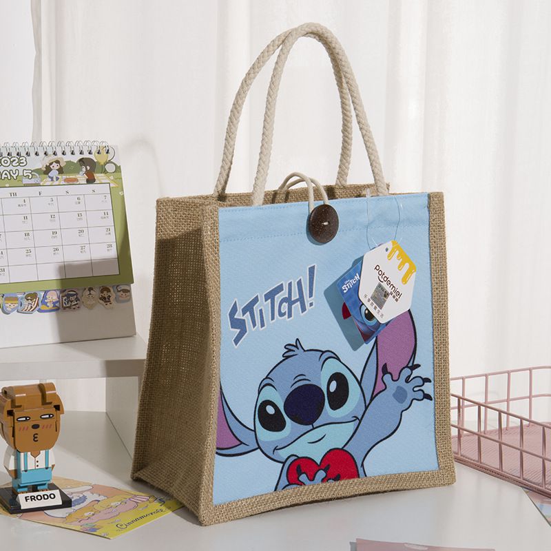 卡通大容量棉麻手提袋/便當袋-卡通人物史迪奇 (24x24x15cm)