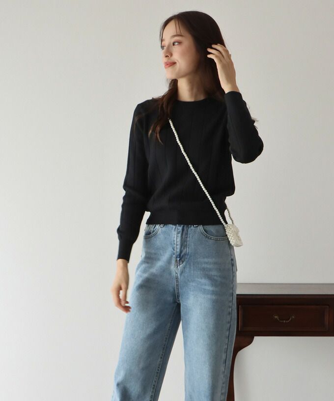 日本 BLUE EAST - 坑條圓領針織上衣-紫