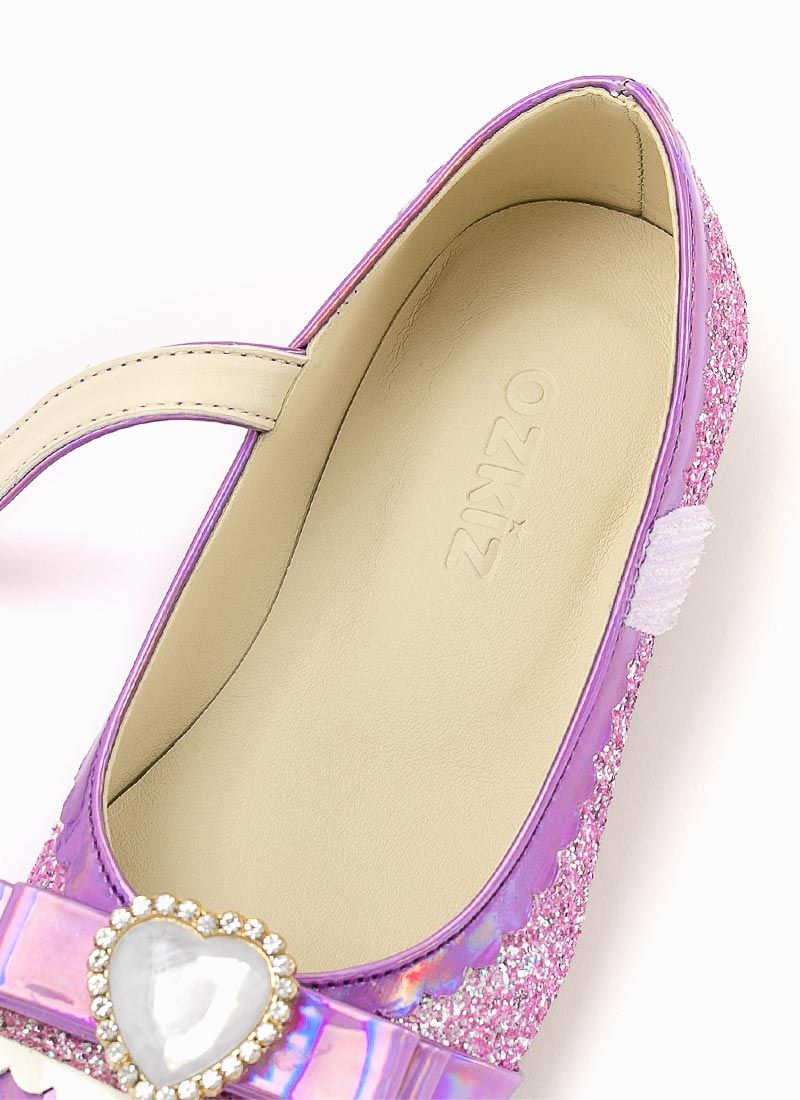 韓國 OZKIZ - 愛心寶石蝴蝶結亮粉皮鞋