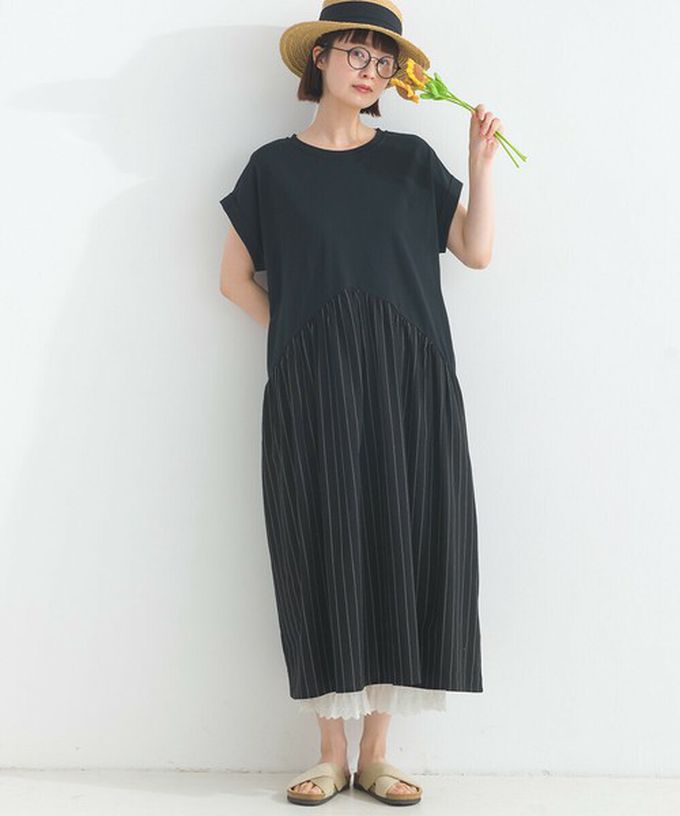 日本 Lupilien - [人氣款]亞麻混紡條紋拼接短袖洋裝-芥末黃