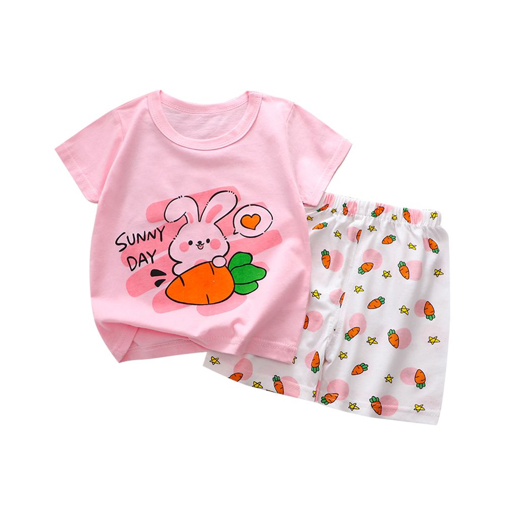 JoyNa - 兒童純棉短袖 兩件式家居服套裝 圓領套裝-粉色兔子