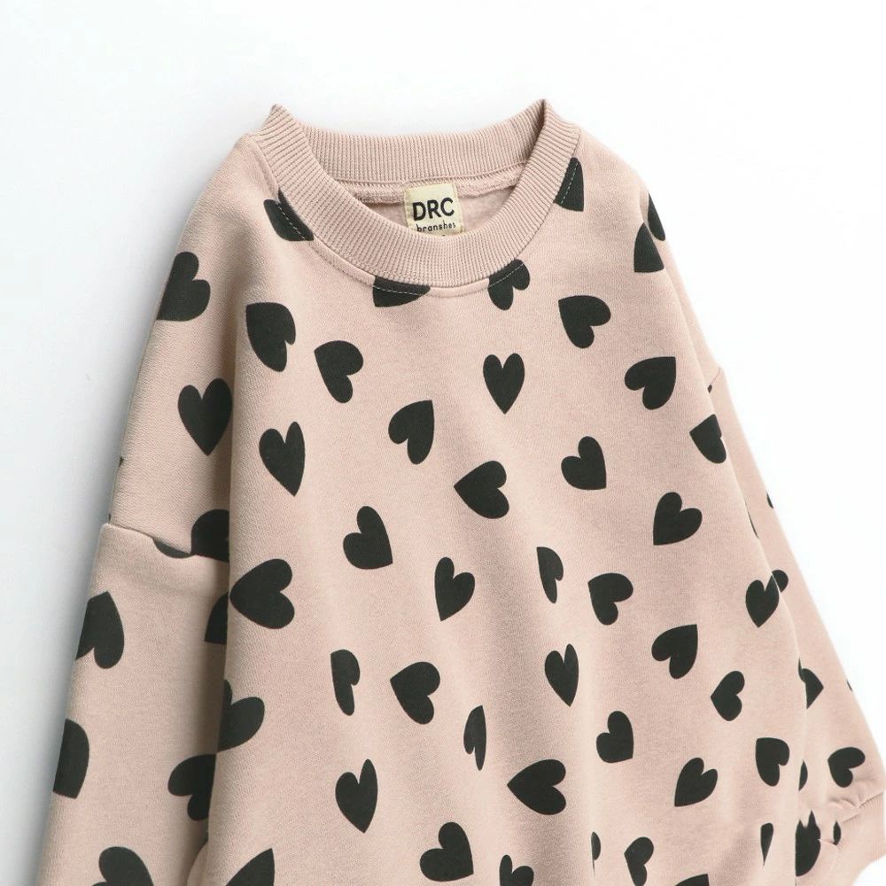 裏起毛 可愛女孩縮口長袖上衣-滿版愛心-粉紅