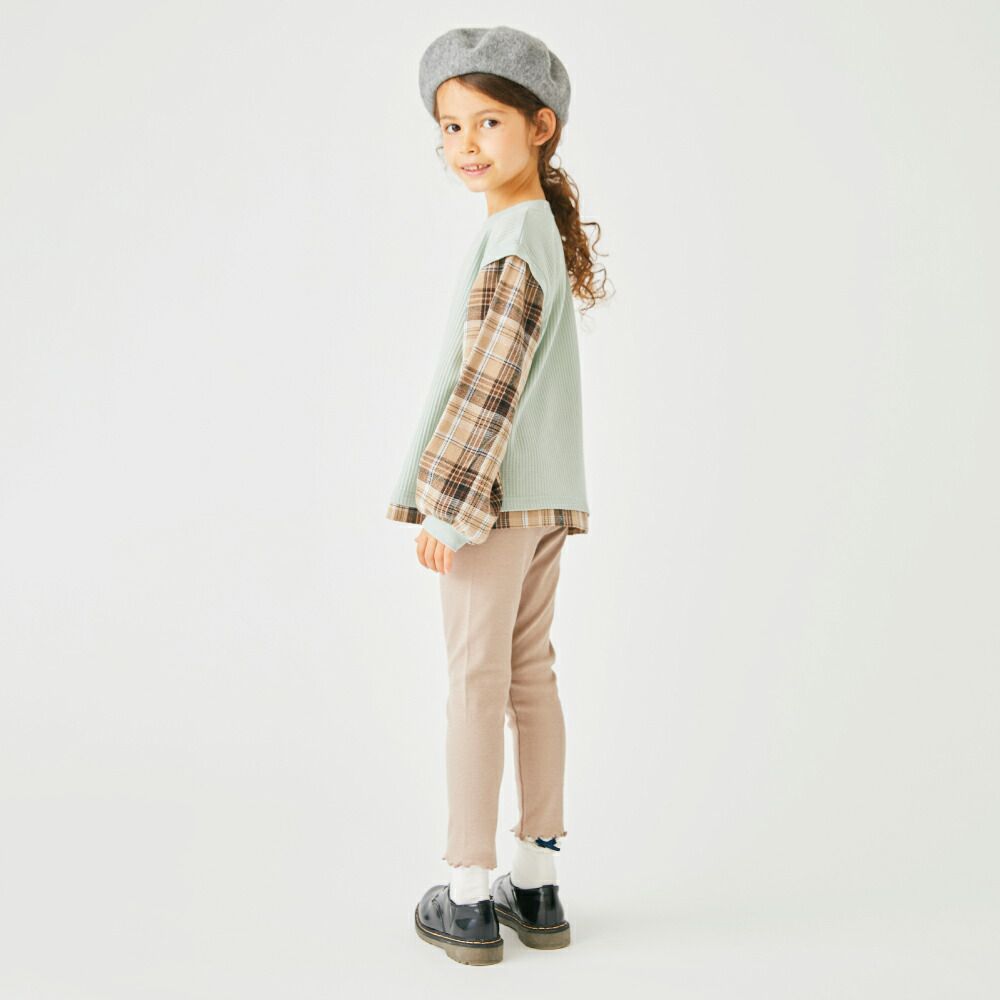 日本 evercloset - 格紋拼接華夫格長袖上衣-薄荷