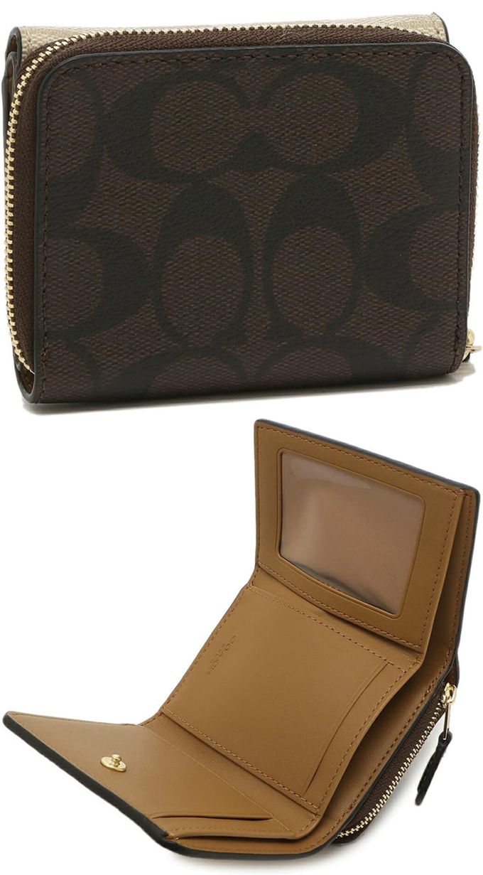 COACH - 馬車LOGO撞色皮革短夾 (白咖)