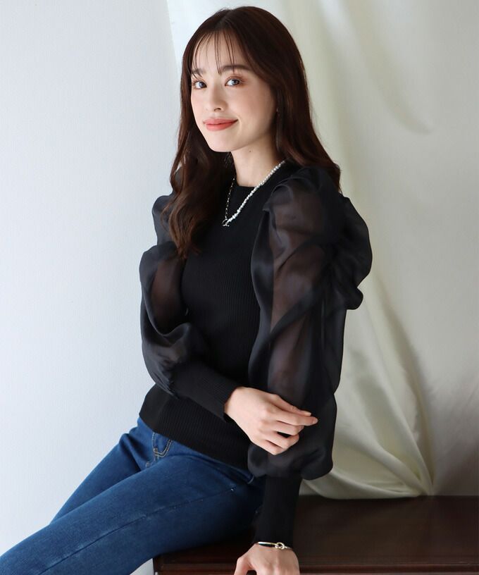 日本 BLUE EAST - 氣質薄紗抓皺長袖上衣-灰