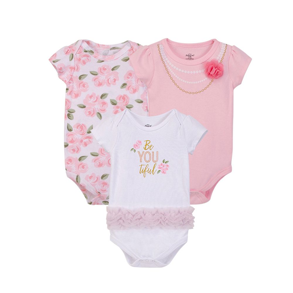 美國 Luvable Friends - 100%純棉嬰幼兒短袖包屁衣3件組-粉色玫瑰
