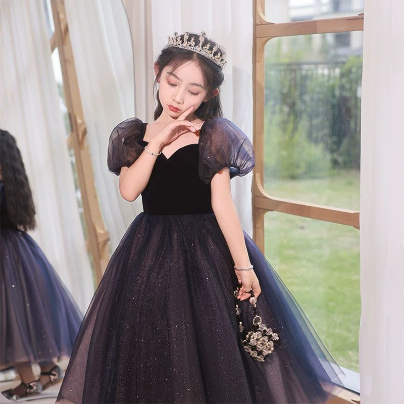 桃心領公主泡泡袖雙色網紗禮服-紫+粉