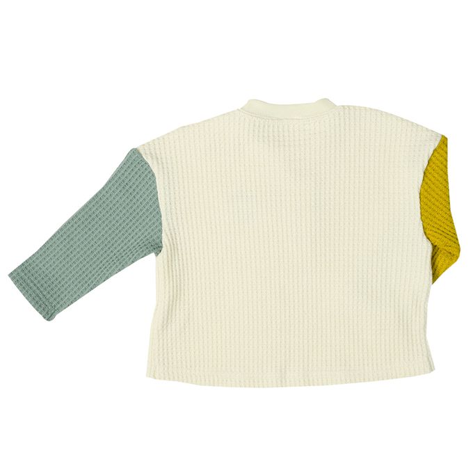 akachan honpo - 長袖裏起毛華夫格T恤-撞色袖-象牙白色