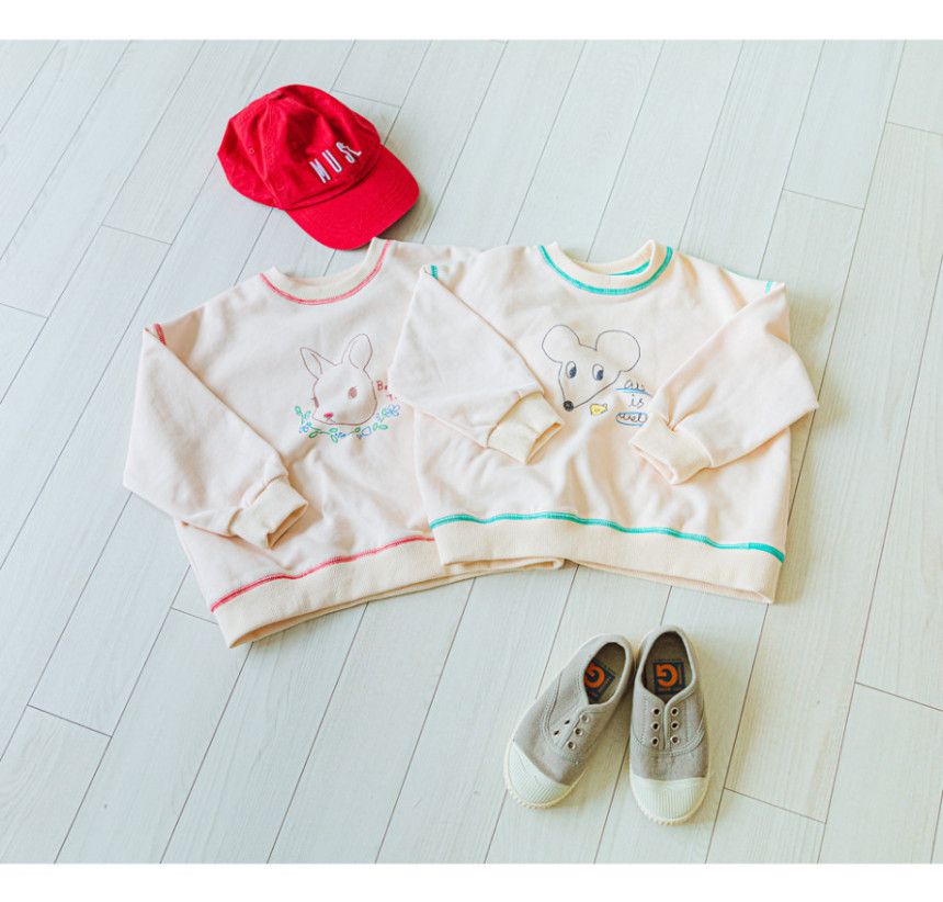 韓國 Bebezoo - 色線印花圓領長袖上衣-起司鼠