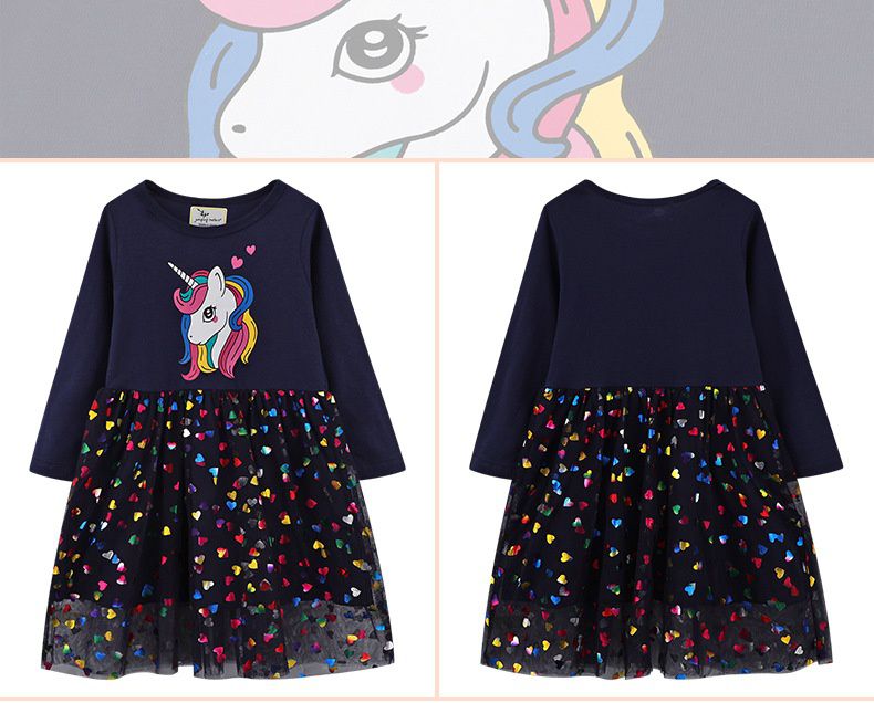 Jumping meters - 棉質圓領長袖連身網紗洋裝-獨角獸與繽紛愛心-深藍色