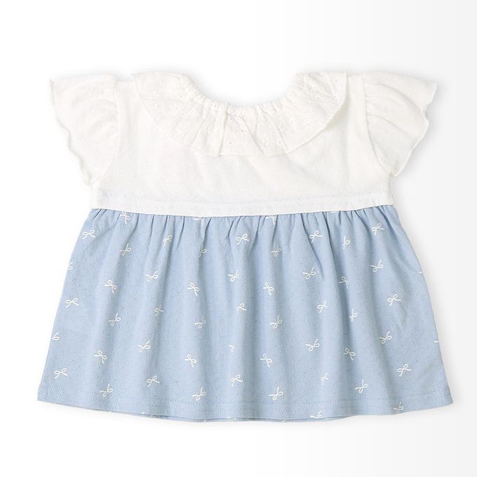 日本 ZOOLAND - 貝殼蕾絲領緹花短袖上衣-蝴蝶結印花-粉紅