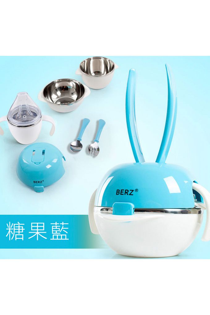 英國 BERZ - 彩虹兔寶寶五合一組合餐具-糖果藍色