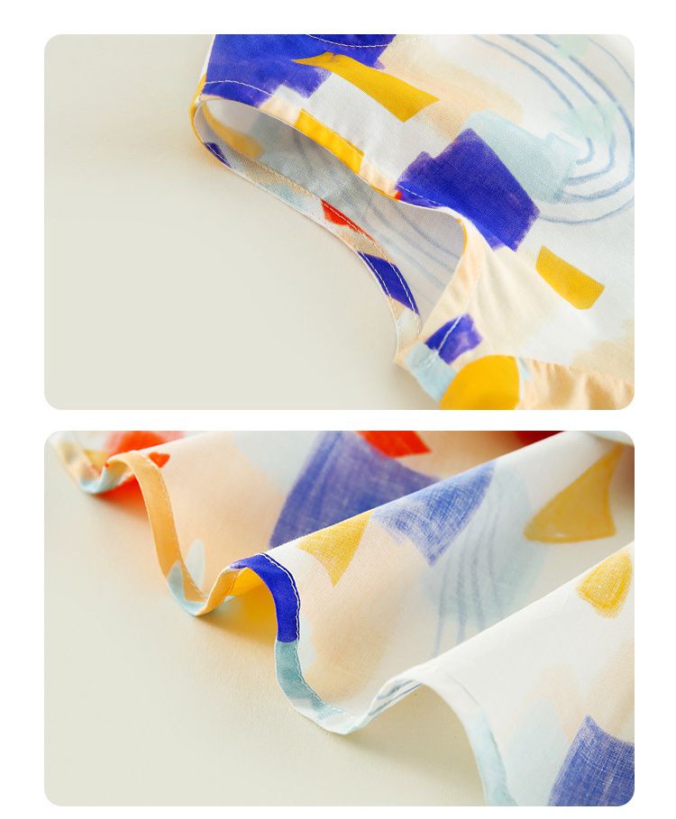 純棉油畫風無袖連身洋裝-拼色幾何-杏色