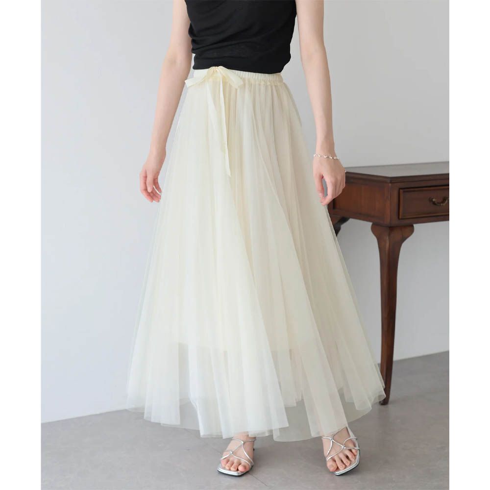 浪漫豐盈蝴蝶結綁帶薄紗裙-素色-白