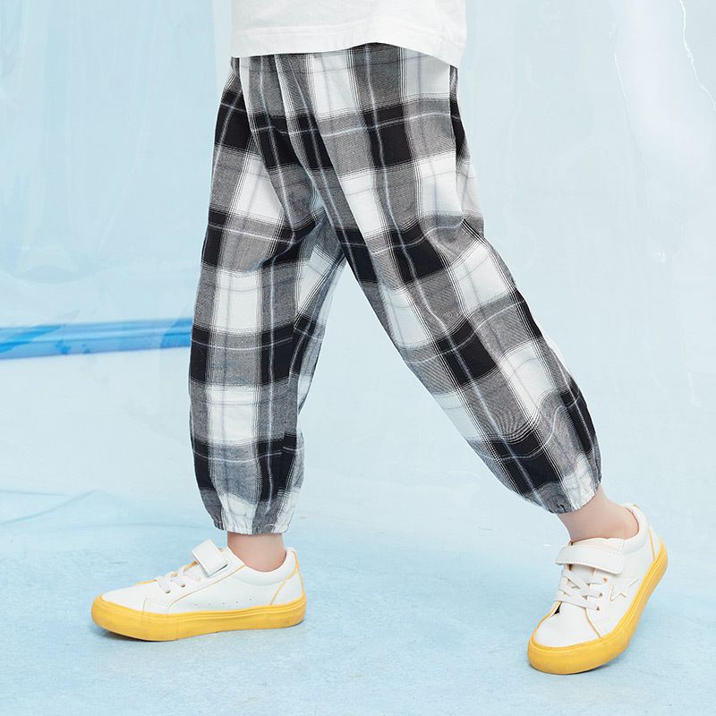 純棉束口長褲/防蚊褲-格紋款-黑+白