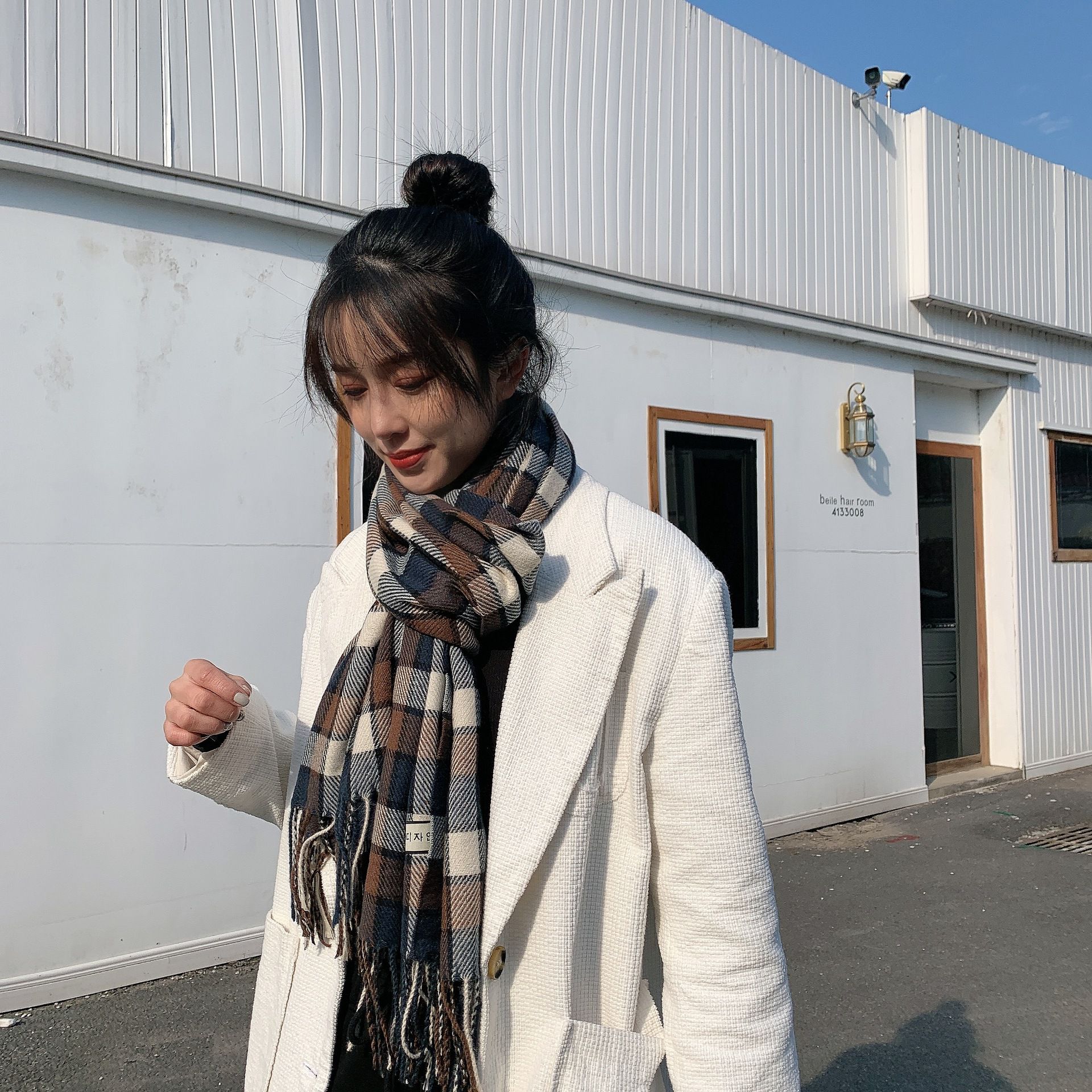 仿羊絨多彩格紋暖暖圍巾-灰+棕 (200x70cm)