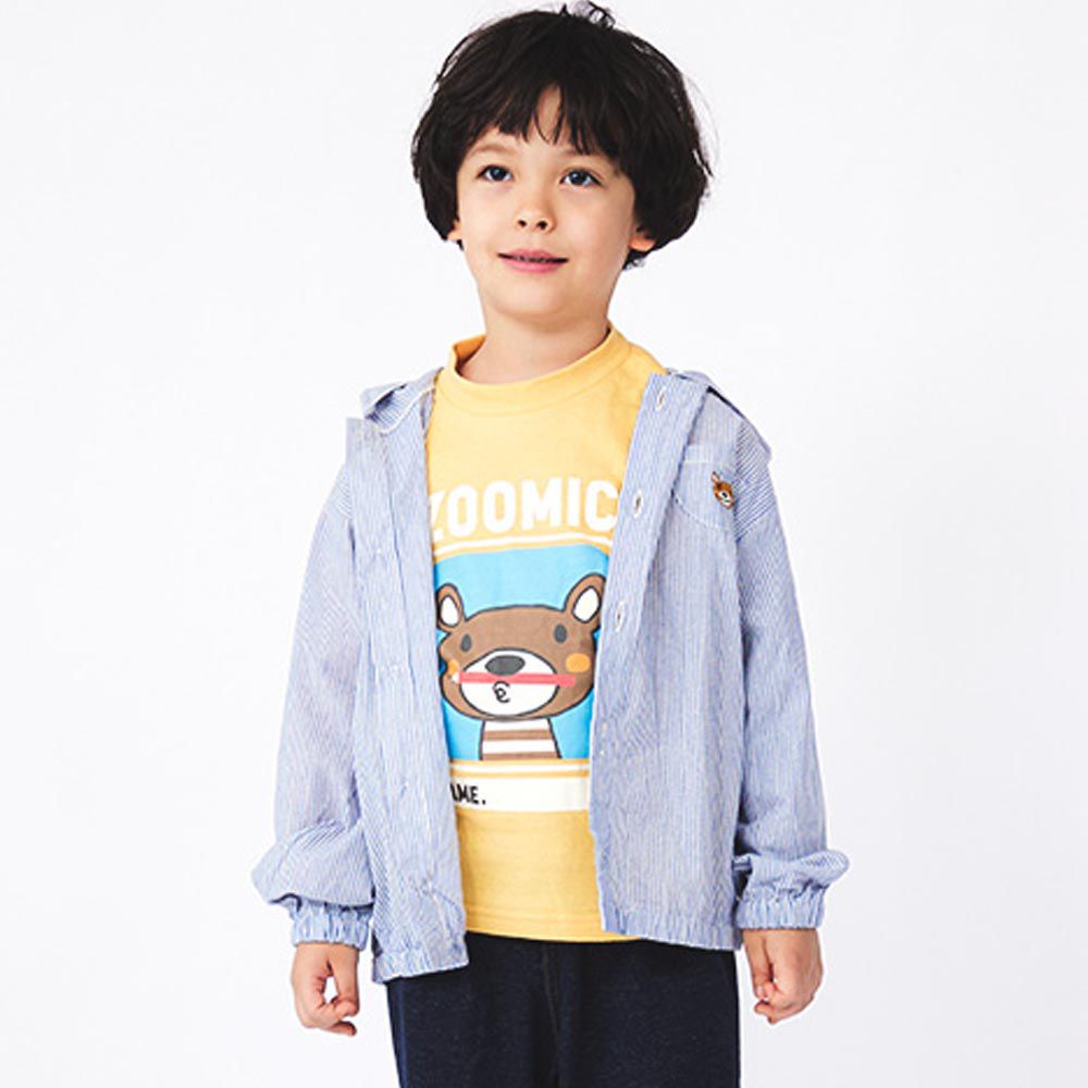 日本 ZOOLAND - 小熊刺繡口袋休閒連帽外套-藍條紋