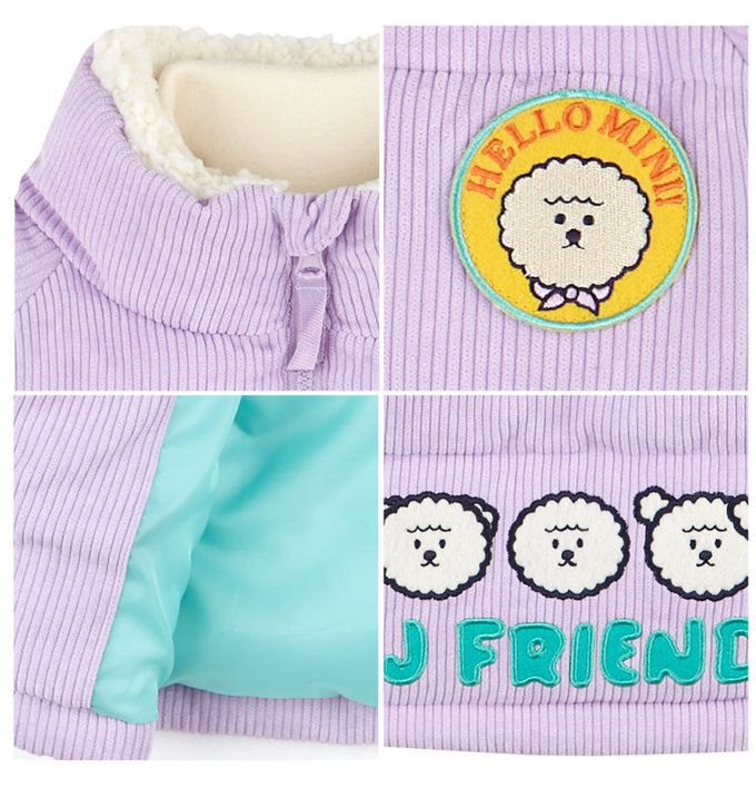 韓國 HEJMINI - 狗狗好朋友燈芯絨立領拉鍊外套-淺紫