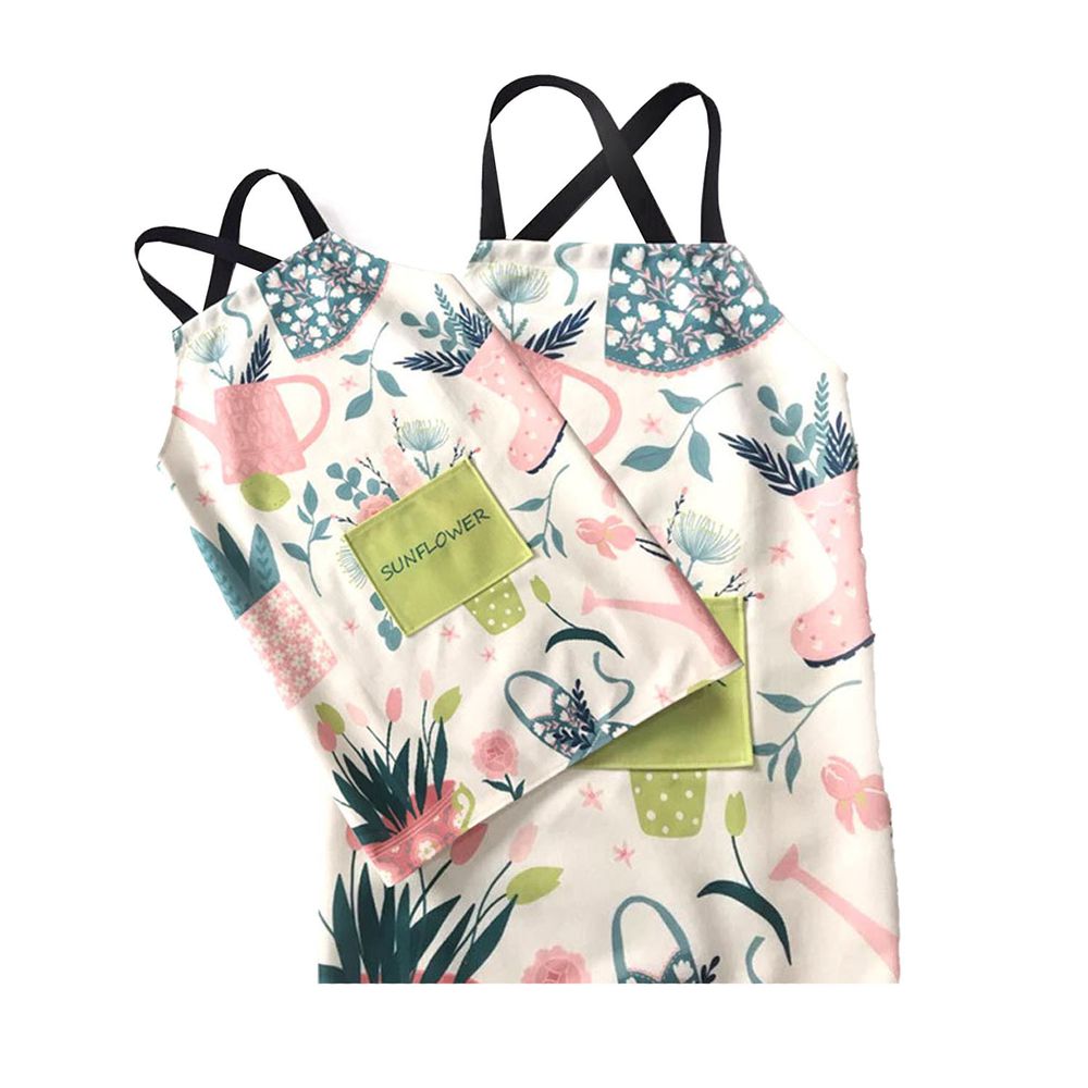棉麻布藝防水親子圍裙-文藝感植物-粉色