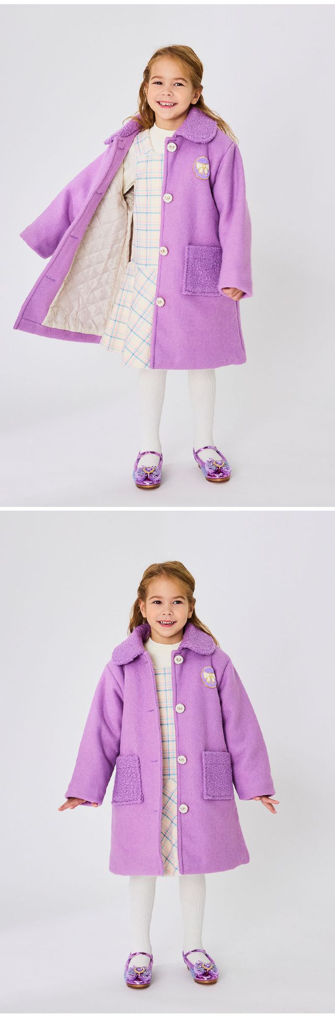 韓國 OZKIZ - (LED)蝶結愛心拼接刷毛矮跟皮鞋-紫