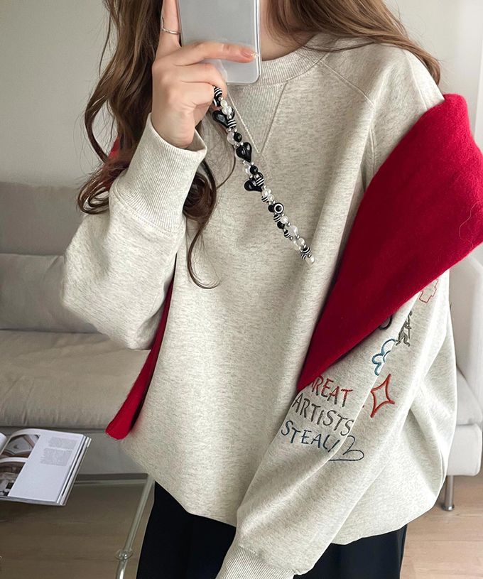 日本 Classical Elf - 俏皮塗鴉裏起毛長袖上衣-米灰