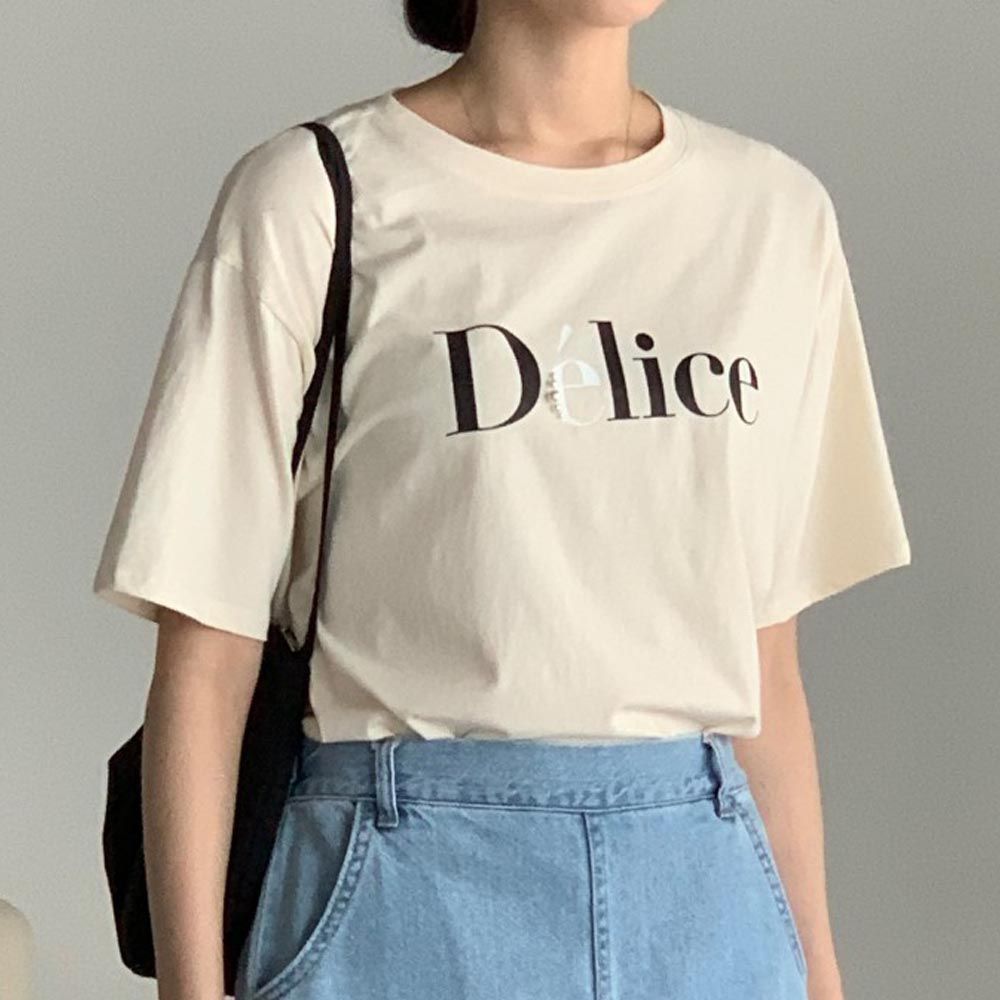 韓國女裝連線 - Delice字印短袖上衣-米杏 (FREE)