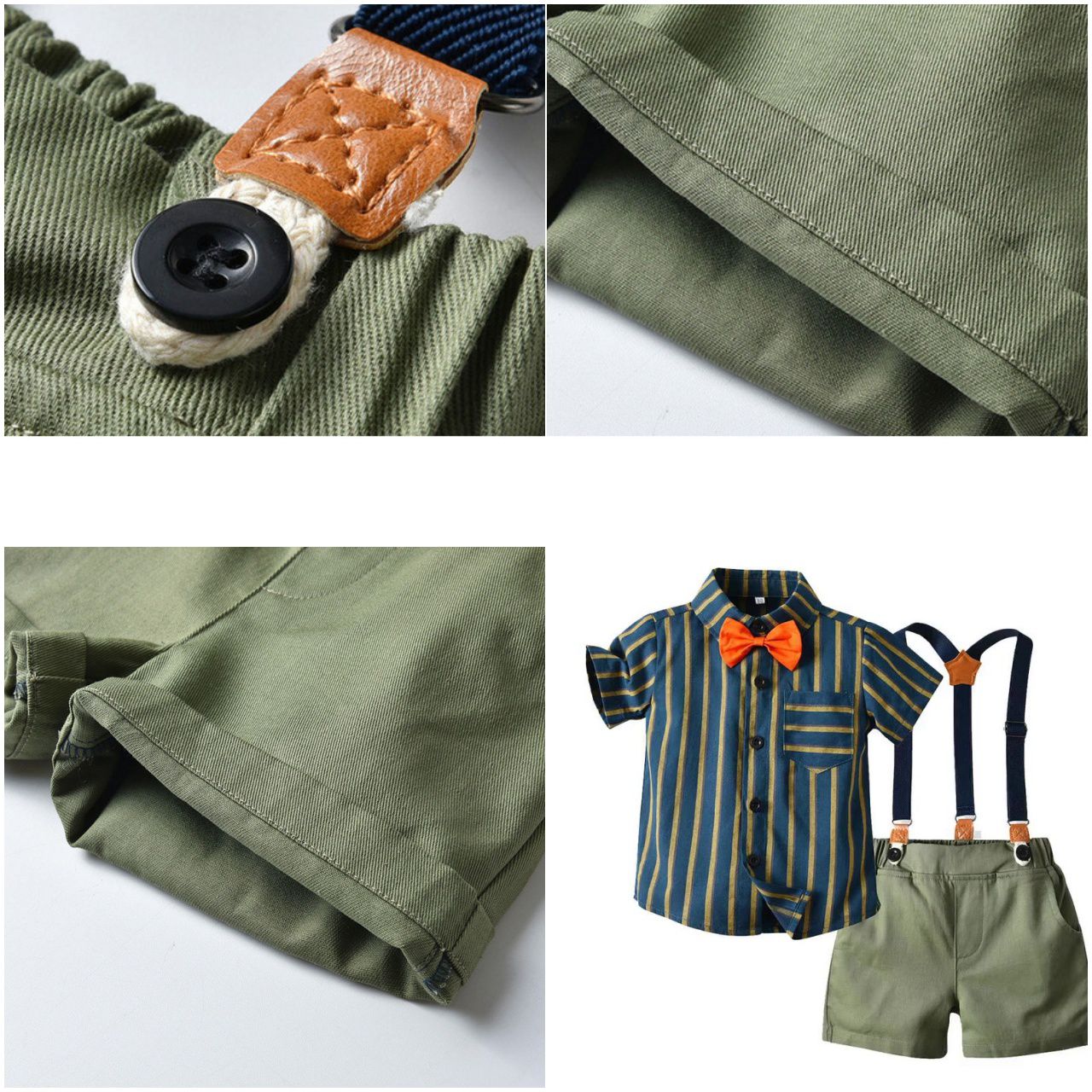 條紋小紳士短袖套裝-綠色背帶款