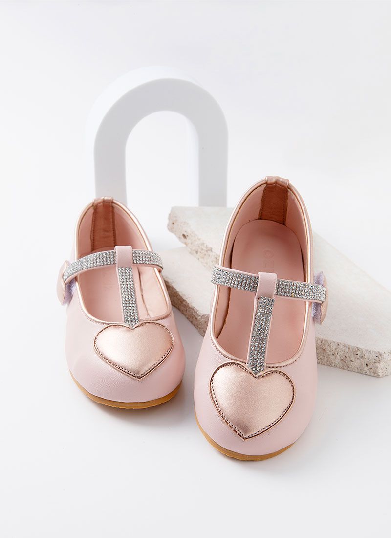 韓國 OZKIZ - 細鑽點綴愛心魔鬼氈皮鞋-淺粉