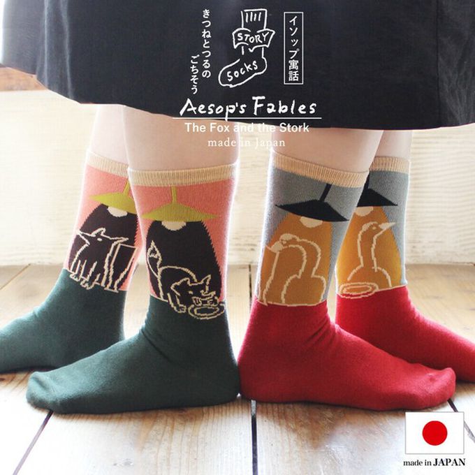 日本女裝代購 - 日本製 伊索寓言印花長襪-狐狸和鶴-藍綠 (23-25cm)