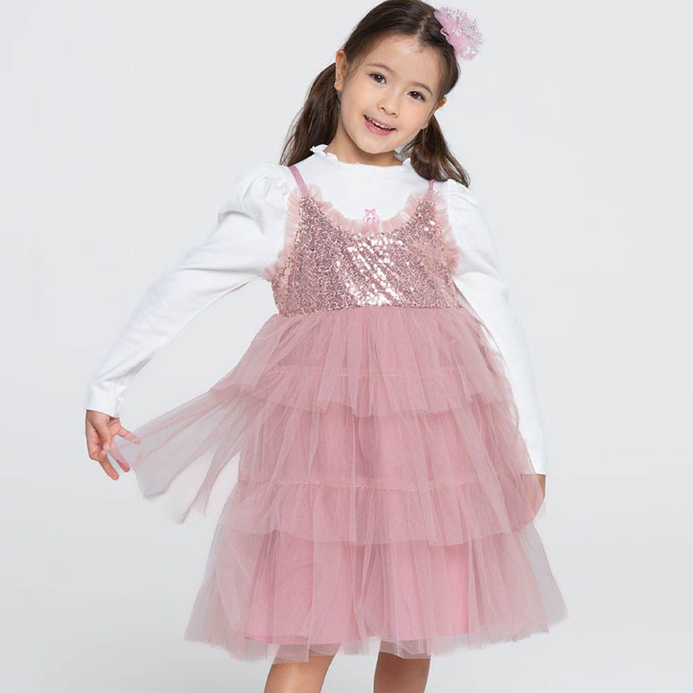 閃閃亮片細肩帶層次網紗洋裝-乾燥玫瑰粉