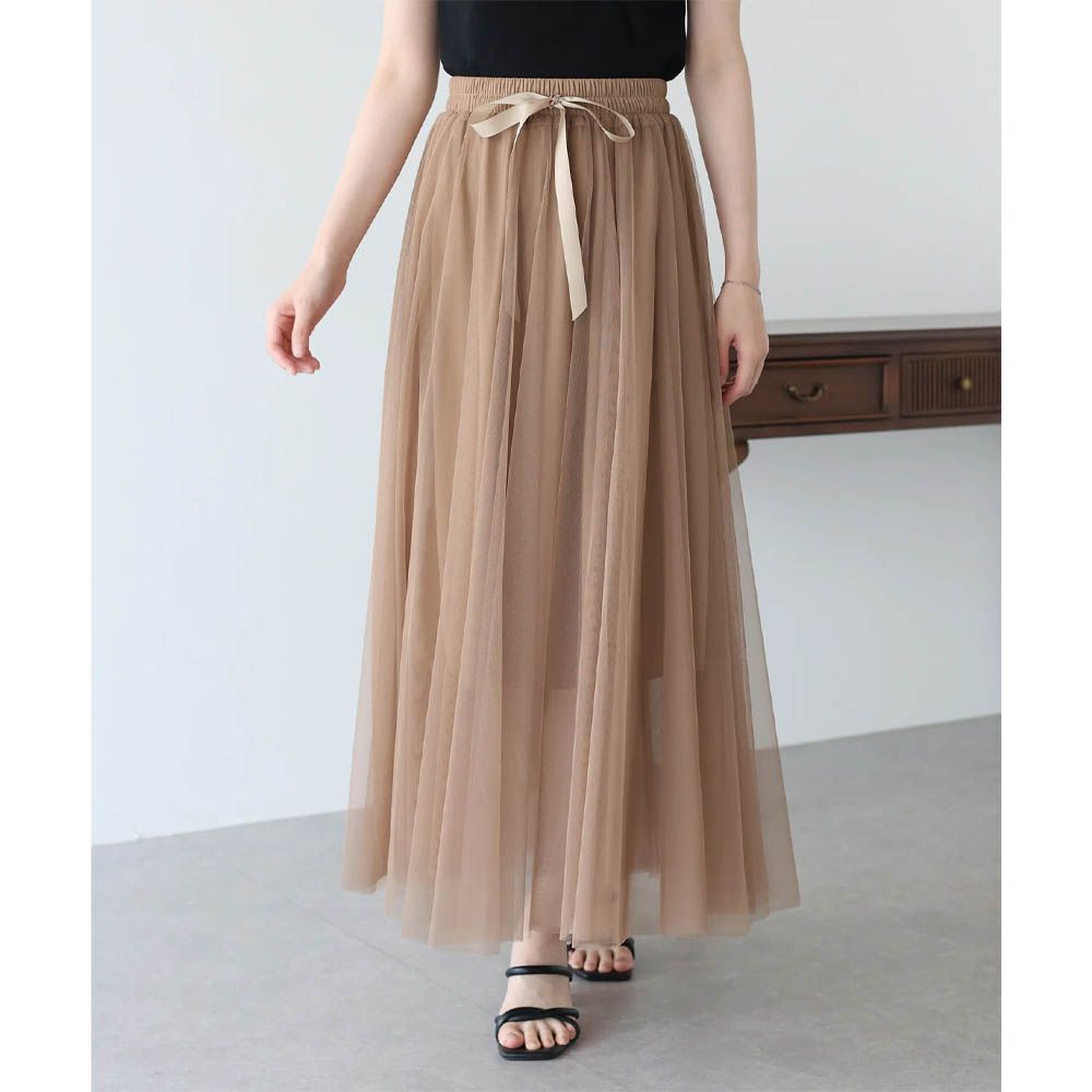 浪漫豐盈蝴蝶結綁帶薄紗裙-素色-摩卡