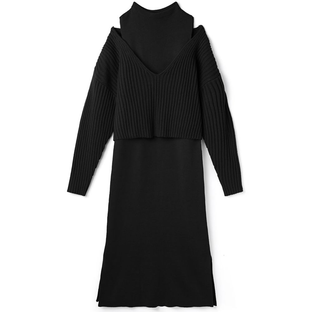日本 GRL - V領針織上衣X無袖針織洋裝-黑