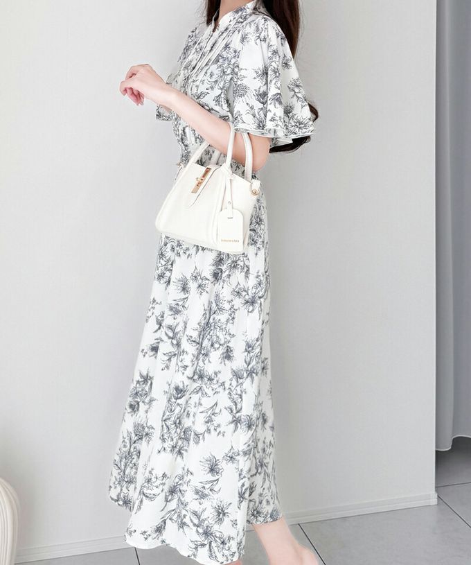 日本 Classical Elf - 優雅質感荷葉袖碎花洋裝-冰河藍