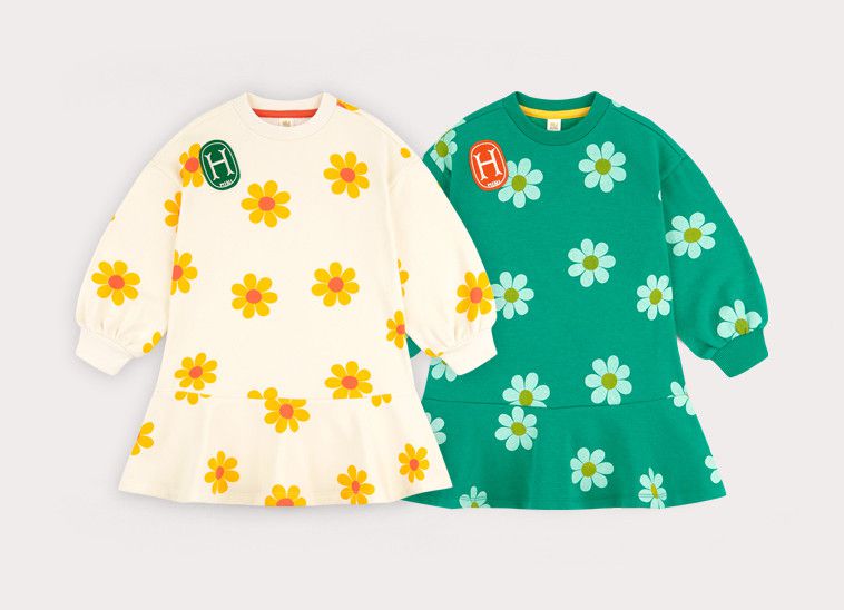 韓國 HEJMINI - (內刷毛)滿版花花魚尾洋裝-綠