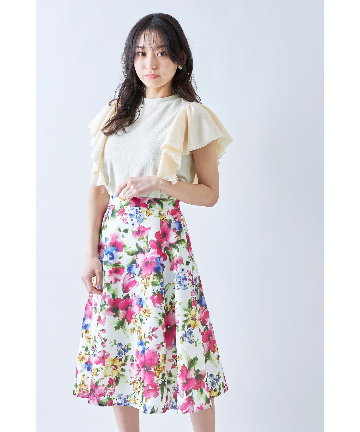 日本 tocco-closet - 水彩花朵華麗感修身傘裙-藍色系