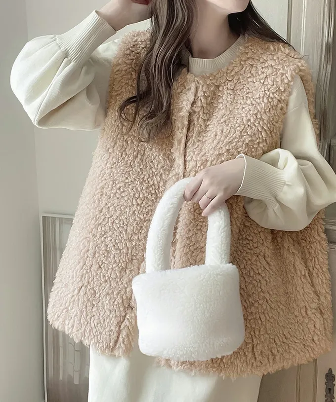 日本 Classical Elf - Java 雙面穿時尚泰迪熊毛絨背心-米杏