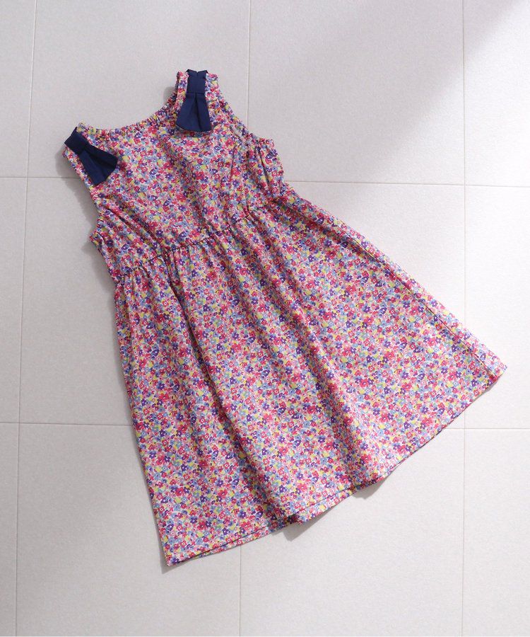 日本 apres les cours - 肩蝴蝶結浪漫印花無袖A字洋裝-向日葵-水藍