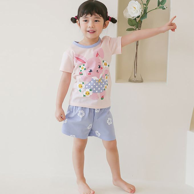 正韓 Puco - 超優質嬰幼兒/兒童短袖100% 有機棉家居服/睡衣-兔子花花