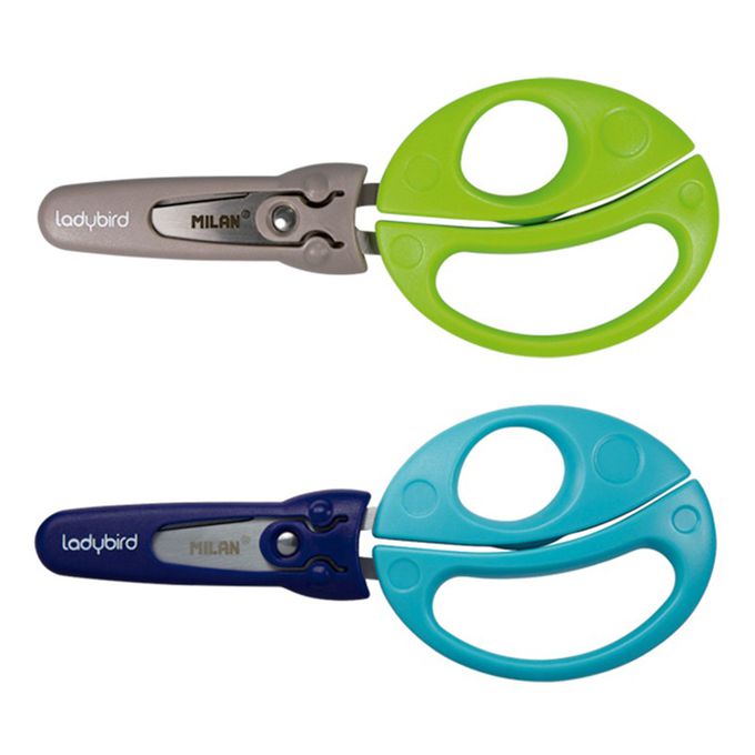 MILAN - 美勞用品組-口袋型無毒粗款蠟筆(12色)+小瓢蟲學童安全可攜式剪刀(含刀柄套)_藍色+兒童專用變色口紅膠_挪威森林_雪怪Yeti