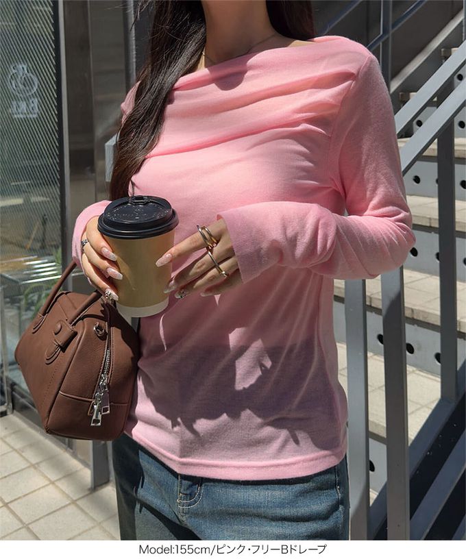 日本 Kobe Lettuce - 透膚感時尚皺摺長袖上衣-(可選領)-炭灰