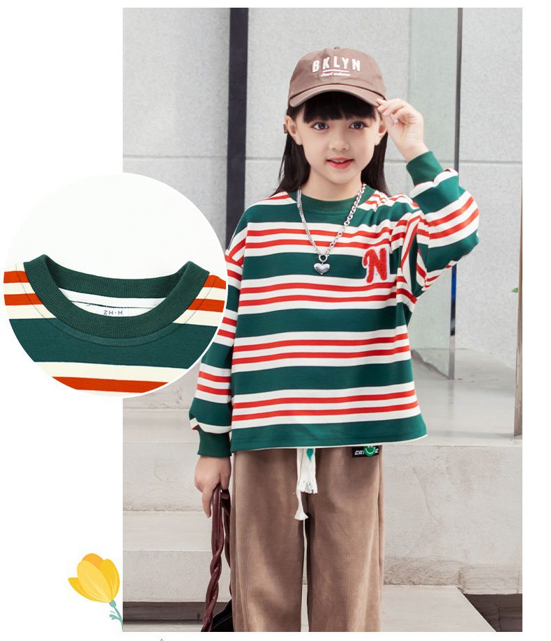 拼色條紋圓領長袖上衣-英文字母N-紅+米白+綠