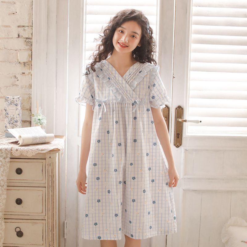 雙層棉紗布透氣短袖睡裙-小花格紋-粉紫色