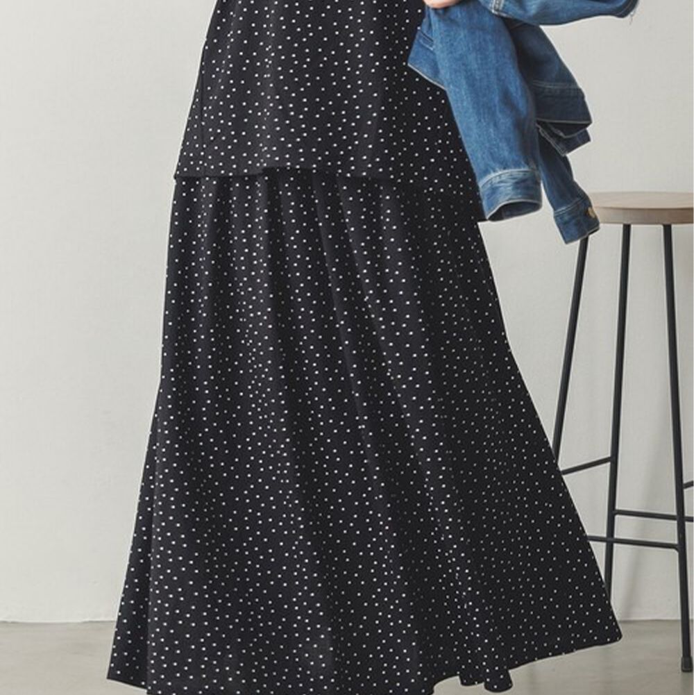 接觸涼感 透氣飄逸感打摺長裙(有口袋)-圓點-黑