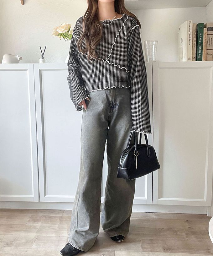 日本 Classical Elf - 2way華夫格木耳捲邊浪漫長袖上衣-黑白